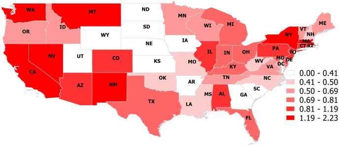 Choropleth map illustrating the proportion of dog-associated poisoning calls to the Animal Poison Control Center that were related to a cannabinoid poisoning in each continental US state (2005–2014).