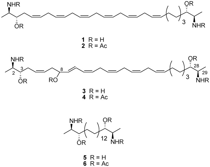 Chemical structures of leucettamols A (1) and B (3) and of their semi-synthetic analogues.