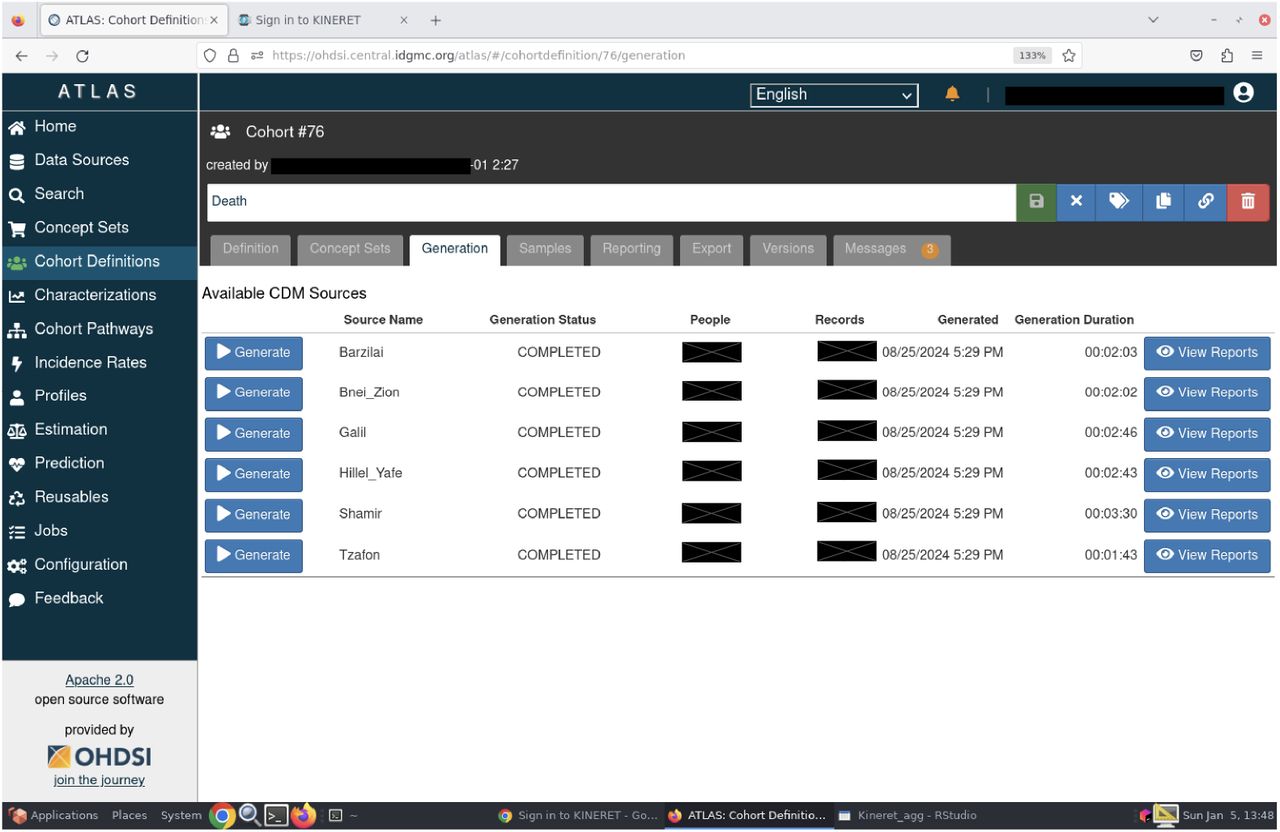 Screenshot of the centralized ATLAS instance of Kineret.A screenshot from the Cohort Definition tab showing the different available hospitals.