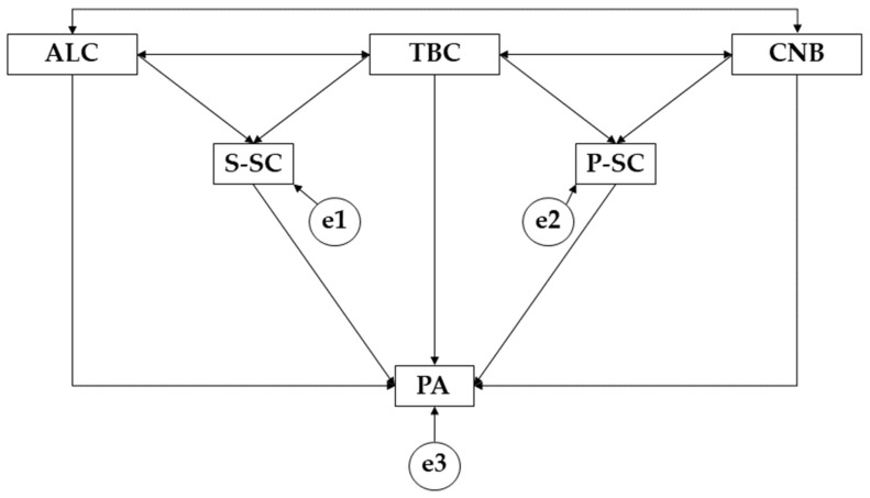 Structural equation model. Note: alcohol (ALC); tobacco (TBC); cannabis (CNB); social self-concept (S-SC); physical self-concept (P-SC); physical activity (PA).