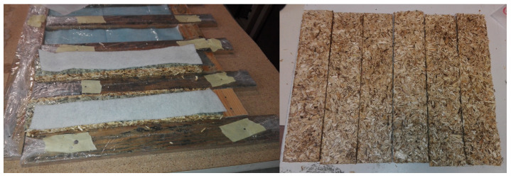 Wooden mold with bleeding and absorbent paper (left) and obtained specimens (right).