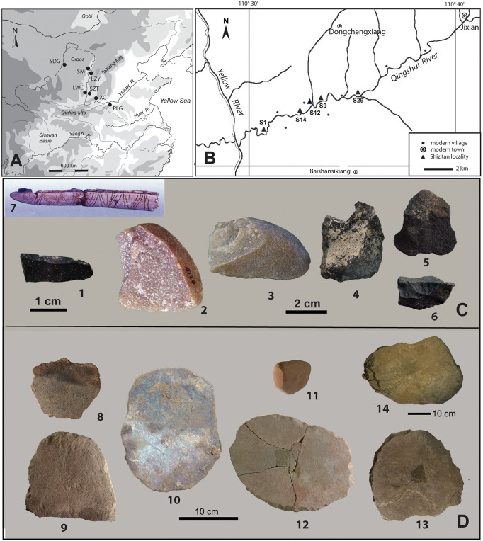 SZT site location and representative stone tools analyzed in this study.(A) Sites discussed in this study, SZT: Shizitan; LWC: Longwangchan; XC: Xiachuan; PLG: Peiligang; (B) Shizitan localities along the Qingshui River; (C) 1–6: SZT29 chipped stone tools (1: microblade [MB5]; 2: flake [SF4]; 3: flake [SF5]; 4: flake [SF8]; 5: flake [SF10]; 6: flake [SF23]); 7: composite sickle from Donghulin for comparison [31: plate 2:6]; (D) SZT 14 and 29 grinding stones (8: 29-GS1; 9: 29-GS3; 10: 29-GS5; 11: 29-GS7; 12: 29-GS8; 13: 29-GS13; 14: 14-GS3; all slabs but 11, a handstone).