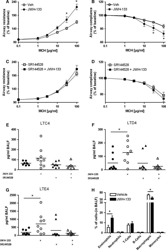 JWH‐133 deteriorates lung function and increases eosinophil counts in BALF. Eight‐week‐old female C57BL6 mice were sensitized and expose to ovalbumin and their lung function was assessed while applying increasing doses of methacholine (MCH) by a FlexiVent system. Mice were given either JWH‐133 (10 mg/kg) or vehicle from day 10 to 17 and airway resistance (A) and compliance (B) were measured. For (C and D), SR144528 (10 mg/kg) was applied alone or in combination with JWH‐133. (E–G) CysLT analysis in the BALF by mass spectrometry revealed slightly increased LTC4 but significantly enhanced LTD4 as well as LTE4 levels in the JWH‐133‐treated animals which could be reversed by SR144528. (H) Flow cytometric analysis of cells in the BALF of mice treated as in (A). Data are shown as mean ± SEM, * P < 0.05, n = 6–9.