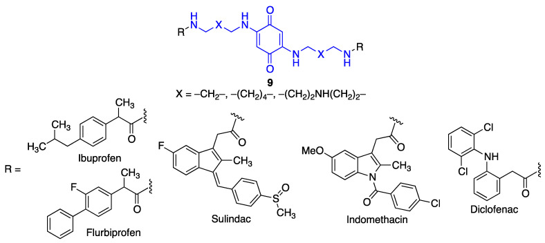 Memoquin analogues that include fragments corresponding to non-steroidal anti-inflammatory drugs.