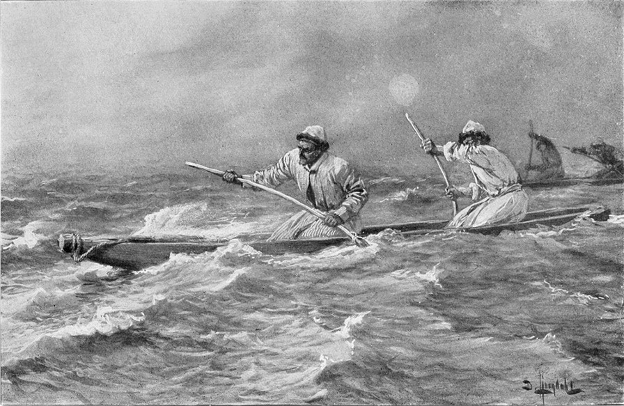 Sandstorm, qara buran, hits Loptuq men with their dugout canoes while out on the Lop Nor lake (Drawing by Sven Hedin)