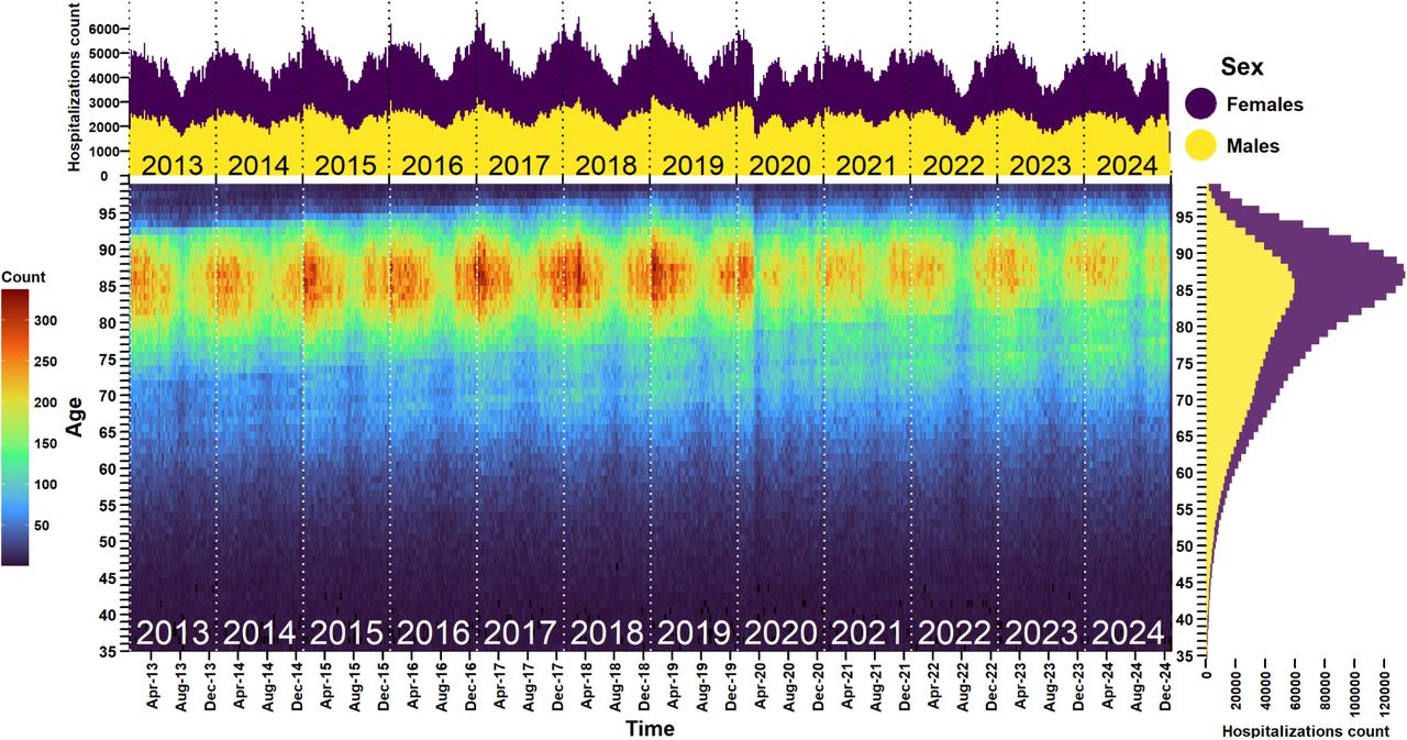 Occurrences of AHF hospitalisations observed each week in males and females according to age in France, years 2013 to 2024 (N = 2,922,319)Main panel: Weekly number of AHF hospitalisations according to age. For example, in January 2019, the colour gradient is red for individuals aged between 85 and 90, corresponding to a weekly number of around 300 hospitalisations. Top panel: Cumulative numbers (in males and females) of AHF hospitalisations each week in France from 2013 to 2024, broken down by sex. Right panel: Cumulative number (over time) of AHF hospitalisations according to age in males and females.