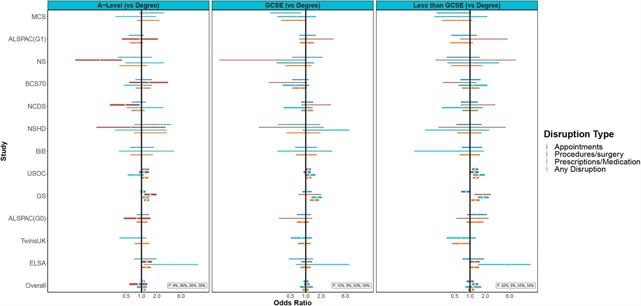Associations between education (compared to degree level) and healthcare disruptionNotes: Adjusted for age, sex and ethnicity where applicable.