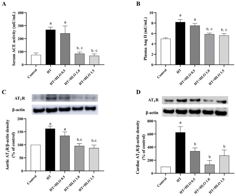 Effect of HLO on serum ACE activity (A), plasma Ang II levels (B), and AT1 receptor protein expression in aorta (C) and cardiac tissues (D) in hypertensive rats. Data are presented as mean ± SEM (n = 4–6/group). a p < 0.05 vs. control, b p < 0.05 vs. HT, c p < 0.05 vs. HT + HLO 0.5; Control, normotensive rats; HT, hypertensive rats; HT + HLO 0.5, hypertensive rats receiving 0.5 mL/kg hemp leaf oil; HT + HLO 1.0, hypertensive rats receiving 1 mL/kg hemp leaf oil; HT + HLO 1.5, hypertensive rats receiving 1.5 mL/kg hemp leaf oil.