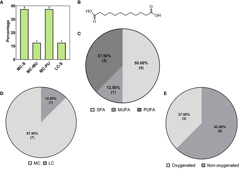 (A) Subspecies of dicarboxylic fatty acids (DC-FAs) on the base of carbon chain length and saturation: medium chain-saturated (MC-S), medium chain -unsaturated (MC-MU), medium chain polyunsaturated (MC-PU), long chain saturated (LC-S). (B) Molecular structure of the most abundant medium DC-FA reported in ‘ Table 2 ’, namely Dodecanedioic acid. Subspecies of DC-FAs class on the base of (C) saturation: short chain (SCFA), medium chain (MCFA), long chain (LCFA); (D) length: short chain (SCFA), medium chain (MCFA), long chain (LCFA); (E) oxygenation of the DC-FA carbon chains.