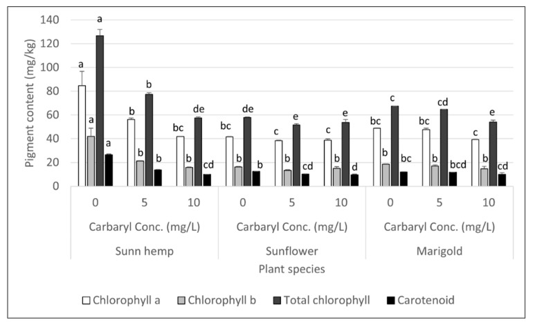 Effect of carbaryl on pigment contents of plants after 4 days of cultivation for carbaryl treatments at 0, 5 or 10 mg L−1. Note: a, b, c, d, and e indicate significant differences based on ANOVA and Tukey’s HSD test. The data shown are mean and SD.