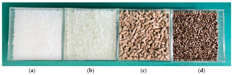 (a) Polypropylene. (b) Polypropylene with glass fiber. (c) Hemp pellets. (d) Composites: 70% polypropylene and equal parts (15:15)% (w/w) of glass fiber and hemp pellets.