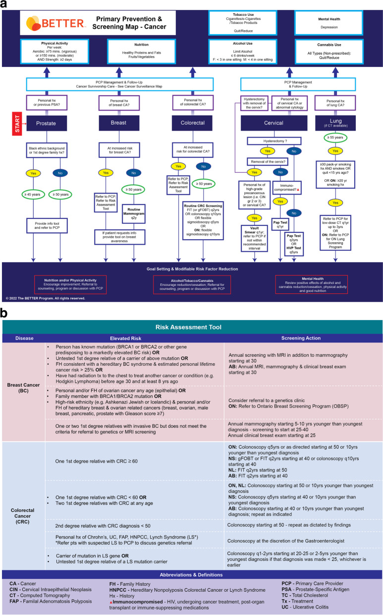 a The BETTER primary prevention and screening care map – cancer (front). B The BETTER Primary Prevention and Screening Care Map – Cancer (back)