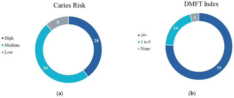 Additional information related to patients aged 30–35 years with hyposalivation: (a) Caries Risk Assessment of patients 30–35 years with hyposalivation; (b) DMFT index of patients 30–35 years with hyposalivation.