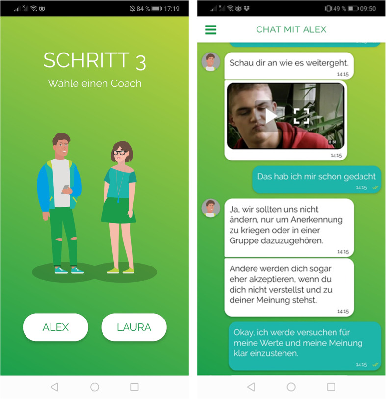 Screenshots from the ready4life coaching program (left: selection of avatar, right: sample chatbot dialogue)