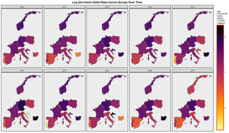 Log Orofacial Cleft Rate Over Time. Caption: Sequential map-graphs of the log (orofacial cleft rates) across the surveyed European nations over time 2010–2019.