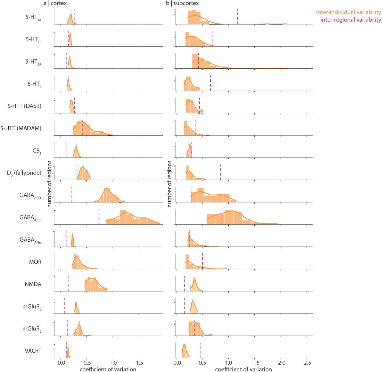 Distributions of inter-individual coefficient of variationFor each receptor and transporter (rows), the distribution of within-region inter-individual coefficient of variation is shown in orange for (a) cortical regions and (b) subcortical regions. These are the same data as shown in Fig. 1 and Fig. 2. A kernel density is estimated for each distribution (solid orange line). The dashed purple line represents the inter-regional coefficient of variation. Coefficient of variation below 0.2 is considered low variability, around 0.5 is moderate variability, and around or above 1 is considered high variability.