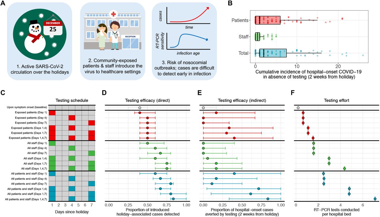 Mass-testing regimes can prevent COVID-19 outbreaks triggered by a surge in holiday-associated community incidence. (A) Festive celebrations among patients and staff can result in introductions of holiday-associated COVID -19 cases to healthcare institutions, potentially triggering nosocomial outbreaks. Detecting new cases is challenged by time-varying sensitivity of RT-PCR. (B) Simulated cumulative incidence of COVID-19 among patients and staff within two weeks of first introduction of holiday-associated cases, among a hospital population averaging 240 staff and 170 patients per week. (C) Proposed schedules for RT-PCR testing, measured as days since return from holiday. Coloured strategies represent mass-screening events conducted in addition to an assumed baseline strategy of testing all patients and staff upon presentation of COVID-19-like symptoms. (D) Proportion of imported holiday- associated cases detected by each testing strategy within the first week from holiday. (E) Proportion of downstream nosocomial cases averted by testing strategies, measured up to two weeks from holiday and excluding simulations in which no nosocomial transmission occurred. (F) Number of RT-PCR tests conducted under each strategy. For D-F, dots represent medians and bars represent the interquartile range computed over 10,000 stochastic simulations.