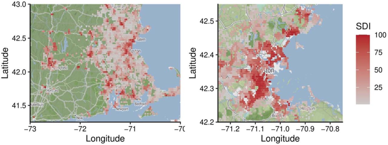 Social deprivation in Massachusetts and Greater Boston AreaThe color of each grid represents the median Social Deprivation Index (SDI) of the participants from MGBB. A darker shade denotes a higher level of socioeconomic deprivation. Grids with fewer than five participants have been excluded.