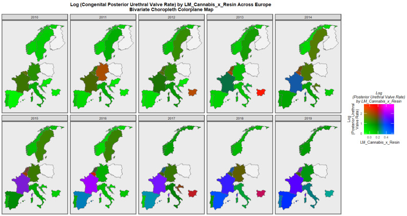 Colorplane bivariate time sequential map-graph of log (posterior urethral valve congenital anomaly rate) by last month cannabis use: cannabis resin THC concentration across surveyed European nations over time.