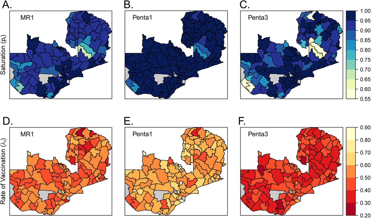 District-level (111 / 115 districts) median parameter estimates of the lifetime probability of being vaccinated via routine vaccination through 36 months of age (saturation parameter) (A-C), and monthly rate of receiving routine vaccination (D-F) for MR1 (A & F), Penta1 (B & E), and Penta 3 (C & F) vaccine doses. There are no parameter estimates for four districts colored in grey due to the lack of any DHS sampling clusters in these districts.