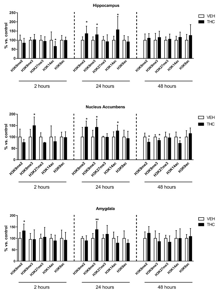 Effect of adolescent Δ9-THC exposure on histone modifications occurring in the hippocampus, nucleus accumbens, and amygdala of female rats 2, 24, and 48 h after the last delta9-tetrahydrocannabinol (Δ9-THC) or vehicle (VEH) injection. Data are expressed as mean ± Standard Deviation (SD) of six/ten animals for each experimental group. * p < 0.05, ** p < 0.01 versus controls (Student’s t-test analysis).