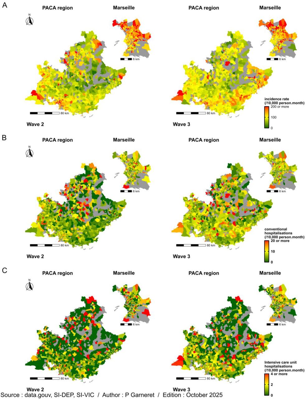 Spatial distribution of COVID-19 (A) incidence rate, as well as (B) conventional and (C) ICU hospitalisation rates in the PACA region, with a focus on Marseille, during epidemic waves 2 and 3. Grey areas correspond to IRIS unit with no hospitalisation data reported.