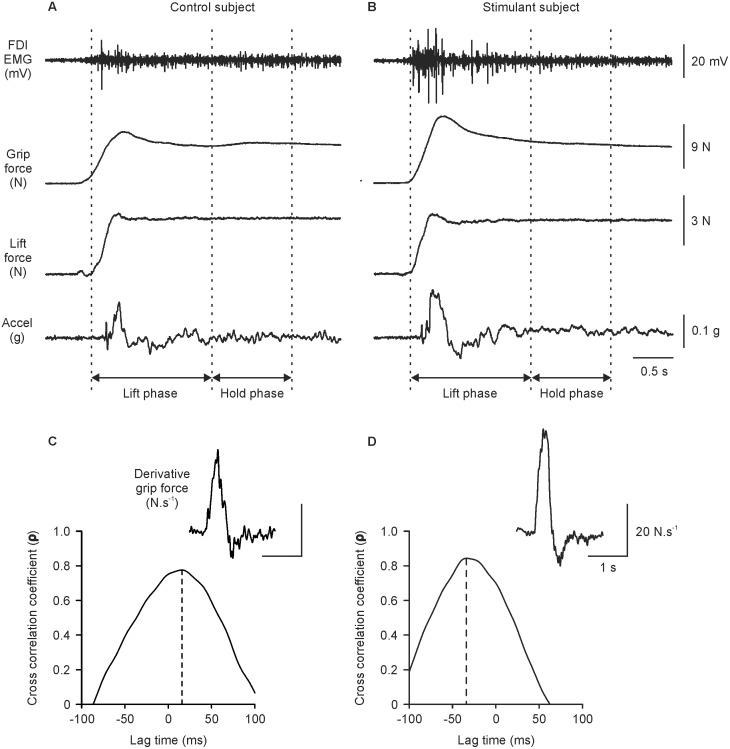Raw data from one control subject (left panels) and one stimulant subject (right panels) during trial one of the grip and lift task.A and B) Raw traces of first dorsal interosseus EMG (top panel), grip force (2nd panel), lift force (3rd panel), and acceleration (bottom panel). The task was divided into two phases: lift (dynamic) phase and hold (stationary) phase. The lift phase ranged from 0s (lift onset) to 1.5s and the hold phase ranged from 1.5 to 2.5s. C and D) Temporal characteristics of grip force and lift force. The derivative of grip force (i.e. dGF/dt, inset) was correlated with the derivative of lift force (dLF/dt) and the resultant cross-correlogram is shown. Vertical dashed lines in C and D represent the time shift required to achieve the maximal cross-correlation coefficient.