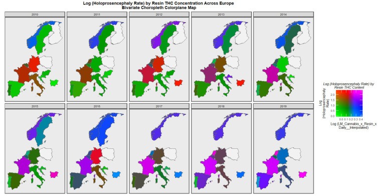 Bivariate Map of Log Holoprosencephaly by Cannabis Resin THC Concentration. Caption: Colorplaner bivariate sequential map-graphs of the log (holoprosencephaly rates) by cannabis resin THC concentrations across the surveyed European nations over time 2010–2019.
