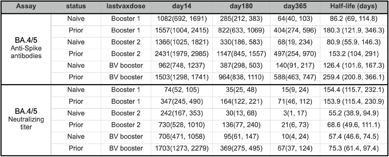 Model-estimated half-lives (days after peak) and titers at days 14, 180, and 365 following vaccine for NHR following 3 booster doses.Omicron BA.4/5 strain for anti-Spike antibodies and neutralizing titers; 95% confidence intervals presented for all estimated values.
