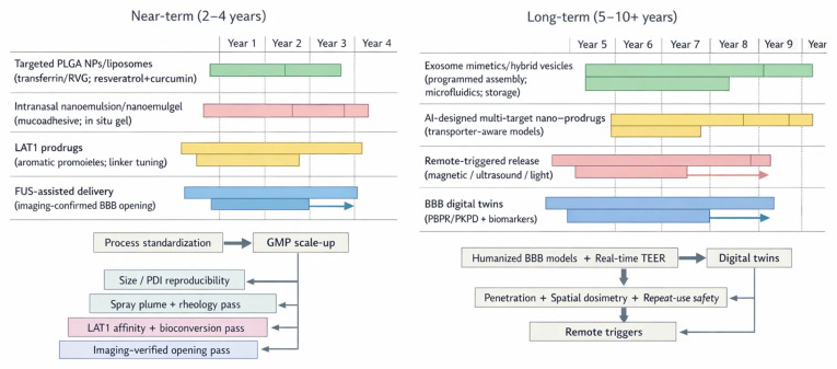 Roadmap timeline for brain delivery platforms: short-term deployables versus long-term maturation, with validation gates and dependencies. Gantt-style bands summarize expected maturation windows for CNS delivery strategies and the dependencies that determine whether programs advance from feasibility to translation. Short-term (2–4 years) tracks emphasize “deployable” options with the clearest CMC and endpoint pathways: ligand-targeted PLGA nanoparticles/liposomes (e.g., transferrin or RVG; resveratrol/curcumin, including dual loading) gated by reproducible size/PDI, loading, and stability under scalable unit operations; intranasal mucoadhesive nanoemulsions/nanoemulgels (chitosan or thermo/in situ gels) gated by droplet-size distribution, rheology, spray plume metrics, preservative compatibility, and tolerability plus PK surrogates (CSF or imaging-rich substudies where justified); LAT1-anchored prodrugs gated by LAT1 affinity, bioconversion kinetics, intrabrain distribution, and target engagement in neurons/glia; and focused ultrasound-assisted regional delivery gated by imaging-confirmed BBB opening, local PK confirmation, and regulator-recognized safety monitoring. Longer-term (5–10+ years) bands capture exosome mimetics/hybrid vesicles (GMP scale-up and heterogeneity control), AI-designed multi-target nano–prodrugs (auditable datasets and prospective validation), remote-triggered release (dosimetry and repeat-use safety standards), and BBB “digital twins” integrating PBPK/PKPD with real-time TEER and registries. AI, artificial intelligence; BBB, blood–brain barrier; CMC, chemistry, manufacturing, and controls; CNS, central nervous system; CSF, cerebrospinal fluid; GMP, good manufacturing practice; LAT1, large neutral amino acid transporter 1; PBPK, physiologically based pharmacokinetic; PDI, polydispersity index; PK, pharmacokinetics; PKPD, pharmacokinetic–pharmacodynamic; PLGA, poly(lactic-co-glycolic acid); RVG, rabies virus glycoprotein; TEER, transendothelial electrical resistance.