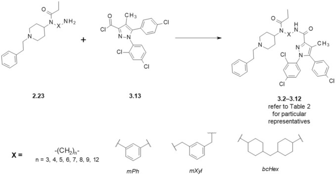 Preparation of fentanyl-based MOR/CB1R ligands. See Table 2 for particular representatives.