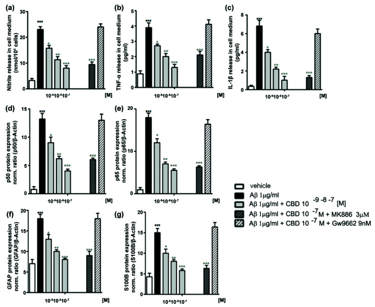 CBD actions on astrocytes. (a–c) Effects of CBD on the release of inflammatory mediators, (a) nitrite, (b) TNF-α, and (c) IL-1β by the in vitro cultured astrocytes. Aβ-challenged astrocytes (1 mg/mL) were treated with CBD (10−9–10−7 M) in the presence of PPARα (MK886, 3 mM) or PPARγ (GW9662, 9 nM) antagonist. Measurements were conducted after 24 h. (d–g) Effects of CBD on the expressions of (d) p50, (e) p65, (f) GFAP, and (g) S100B in rat astrocytes. Astrocytes were exposed to the same treatments as those in (a–c). Western blot analysis was conducted at 24 h after treatments. *** p < 0.001 versus control; ° p < 0.5, °° p < 0.01, and °°° p < 0.001 versus Aβ-challenged cells. (a–h) Reproduced from [73], under the terms of the Creative Commons Attribution License.