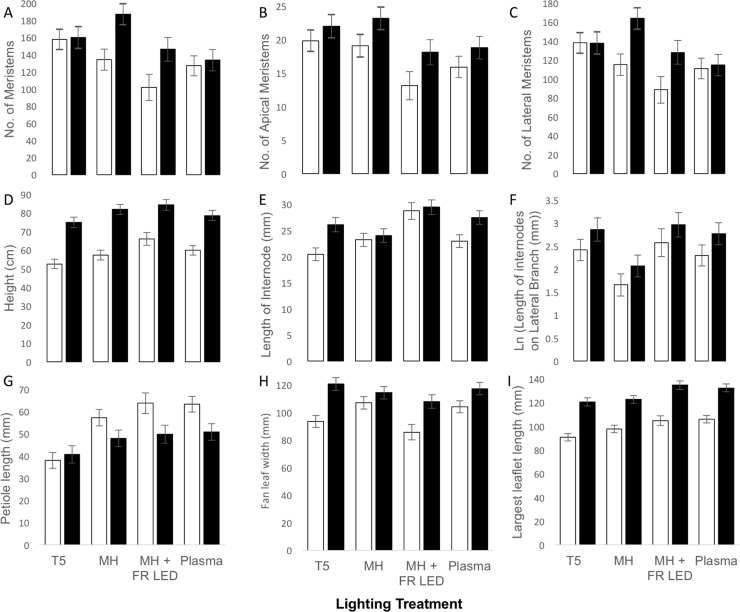 Comparison of nine key traits to predict clonal yield and robustness of “mother” Cannabis sativa plants grown under one of four lighting treatments.Lighting treatments included T5 fluorescent bulbs, metal halide lamps (MH), metal halide lamps augmented with far red LEDs (MH + FR LED), and Plasma lamps. Averages represent trait means of 48 mother plants from two cultivars (White = Bubba Kush, Black = Ghost Train Haze); error bars represent the SE of the mean.