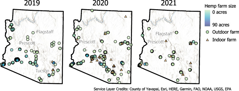 Active grows in the state of Arizona, USA, for 2019, 2020, and 2021, respectively. In 2019, there were 227 active grows in Arizona. Only eight were indoor grows. In 2020 and 2021, there were 61 and 26 indoor grows respectively. The acreage information was only available for outdoor grows, not indoor grows
