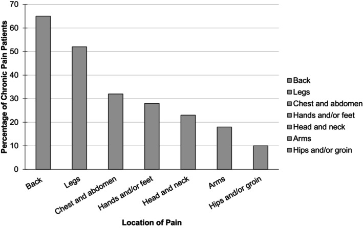 Pain locations in 130 participants reporting chronic pain over the past months. Multiple responses possible.