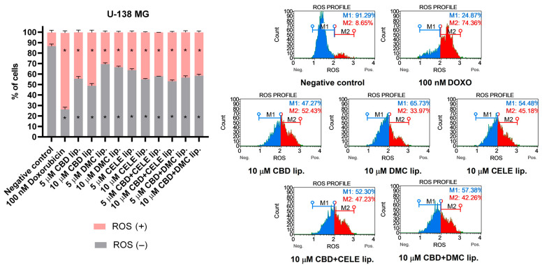 ROS profile was obtained in U-138 MG cells after 24 h treatment with CBD, DMC, CELE, CBD + CELE, and CBD + DMC liposomes. Non-treated cells and DOXO (100 nM) served as negative and positive control of the assay, respectively. ROS (+) and ROS (−) indicate cells with detected and undetected superoxide radicals, respectively. Values are expressed as mean ± SEM from two independent experiments. An asterisk (*) indicates the values significantly different from the untreated control cells with p < 0.05. Representative histograms are also presented.