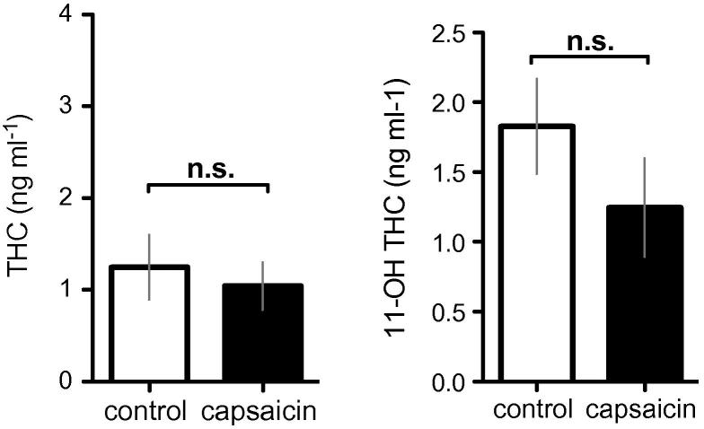 The plasma concentrations of delta-9-tetrahydrocannabinol (THC) and its active metabolite, 11 hydroxy (OH)-THC. Blood was sampled for plasma concentrations about 3.5 hours after THC was given. There were no significant differences (2-tailed paired t test, P > 0.05). Error bars represent SEM. Black and clear bars represent capsaicin and control sessions respectively. n.s., nonsignificant.