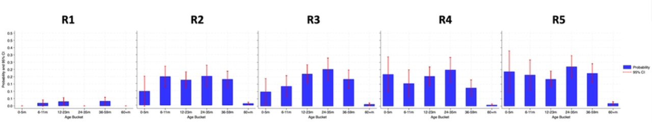 The probability of using paid childcare for each age group in each round