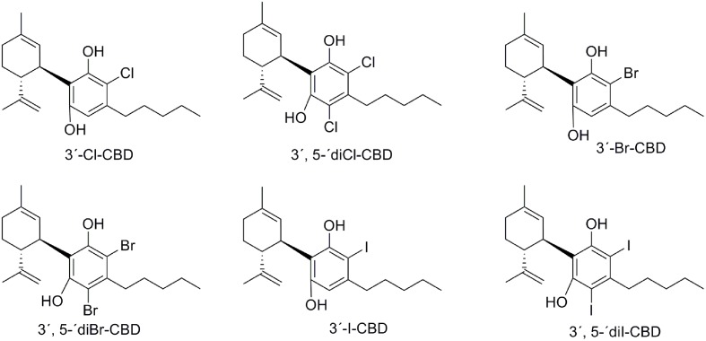 Chlorinated, brominated, and iodinated CBD derivatives.