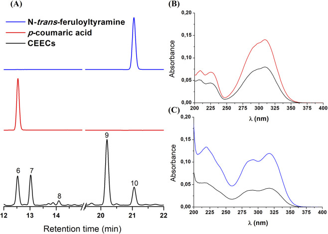 Chromatograms and absorbance spectra are displayed in three panels labeled A, B, and C. Panel A shows three chromatograms with peaks for N-trans-feruloyltyramine in blue, p-coumaric acid in red, and CEECs in black. Panel B displays absorbance spectra for p-coumaric acid and CEECs, with red and black lines peaking around 300 nanometers. Panel C shows absorbance spectra for N-trans-feruloyltyramine and CEECs, with blue and black lines exhibiting peaks at various wavelengths. Retention times in panel A are labeled from twelve to twenty-two minutes.