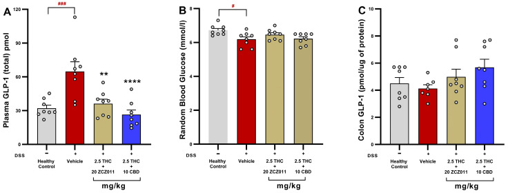 Effects of combination therapies on GLP-1 levels and glucose regulation in DSS-induced chronic colitis. (A) Plasma GLP-1 levels. (B) Random blood glucose levels. (C) Colonic GLP-1 levels (pmol/µg of protein). Data are presented as mean ± SEM with statistical significance # p < 0.05 and ### p < 0.001 compared to health control groups and ** p < 0.01, ****p < 0.0001 compared to the vehicle-treated DSS group.