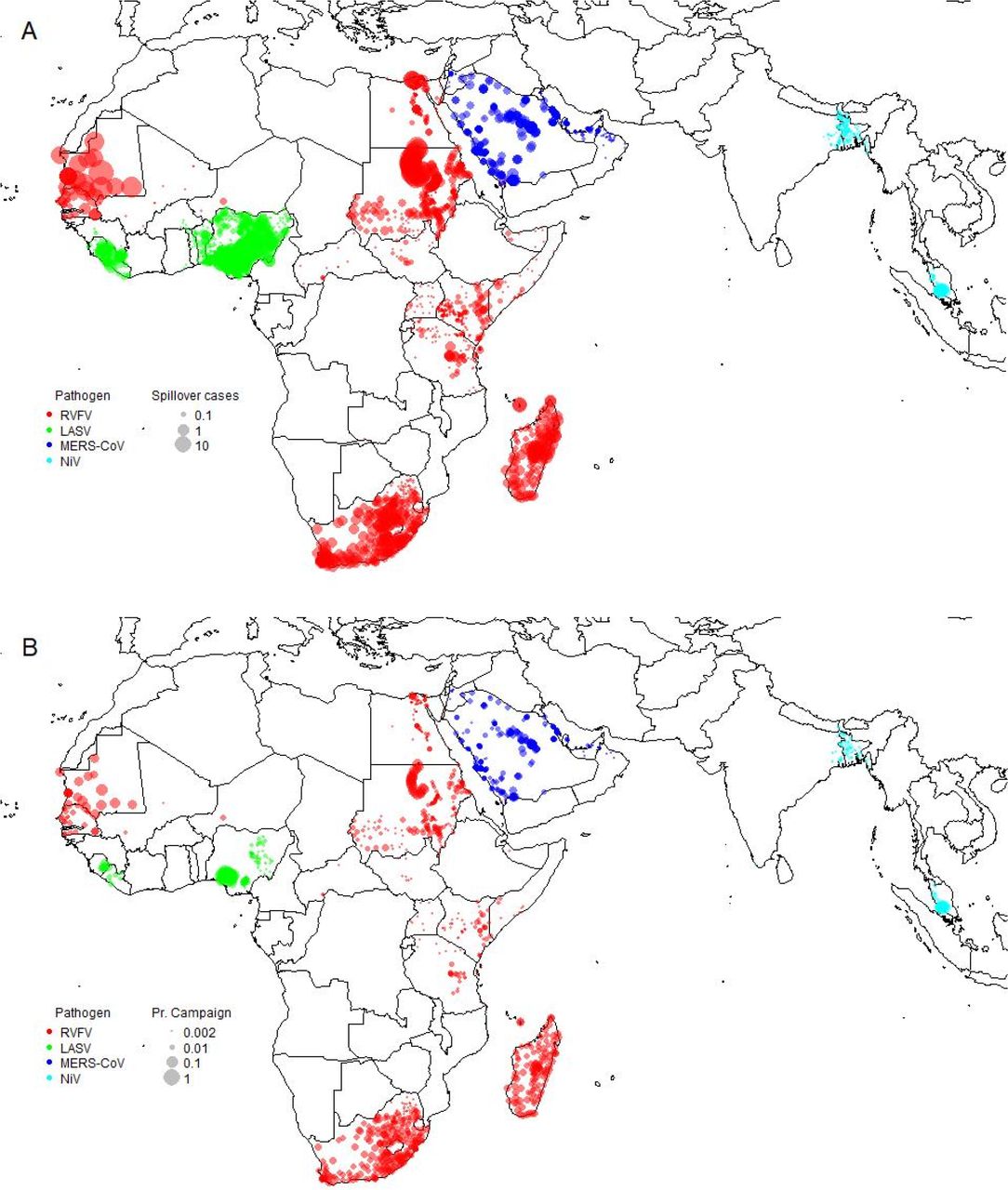 Geographic distribution of spillover cases and reactive vaccination campaigns for adm1 hospital catchment areas.(A) Geographic distribution of the expected annual number of spillover cases for each pathogen. (B) Proportion of time a campaign will be triggered.