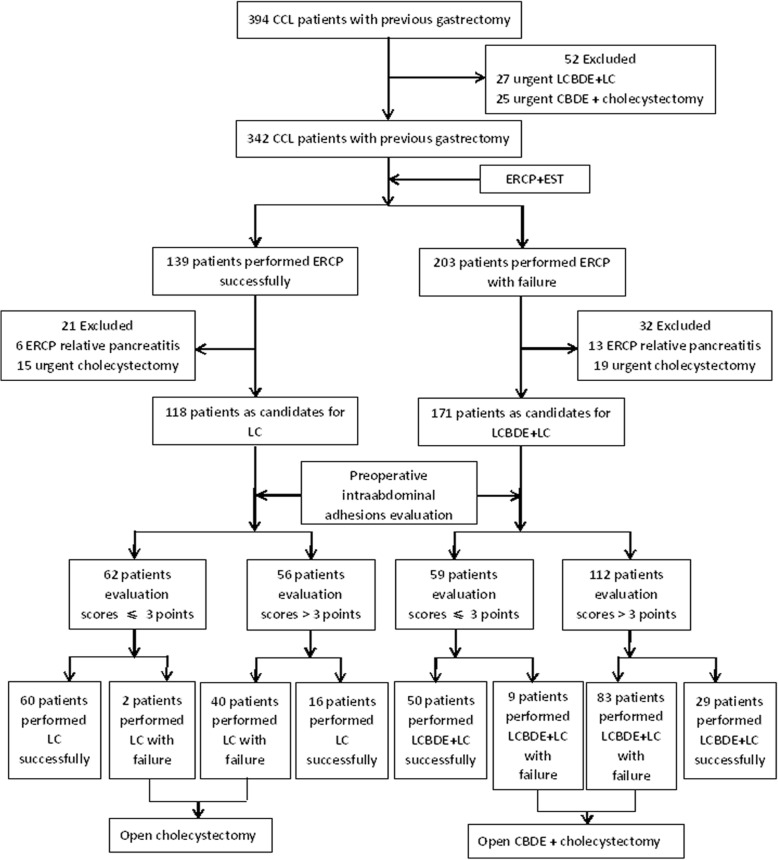 Flow chart of performing laparoscopic surgery to CCL patients with previous gastrectomy. CCL: Cholecystocholedocholithiasis; LCBDE: Laparoscopic common bile duct exploration; LC: Laparoscopic cholecystectomy; CBDE: laparotomy common bile duct exploration; ERCP: Endoscopic retrograde cholangiopancreatography