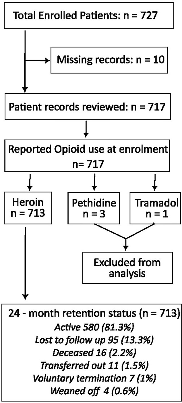 Study flow chart.From December 2014 to February 2018, 727 patients enrolled in the MAT clinic. Ten files were missing, leaving 717 files for review. Among these, the opioids reported at enrolment were heroin in 713 cases, pethidine in 3 cases, and tramadol in 1 case. The files of patients using pethidine and tramadol were then excluded as the number was too low to get power for analysis. The ultimate analysis was conducted on 713 patients’ files.