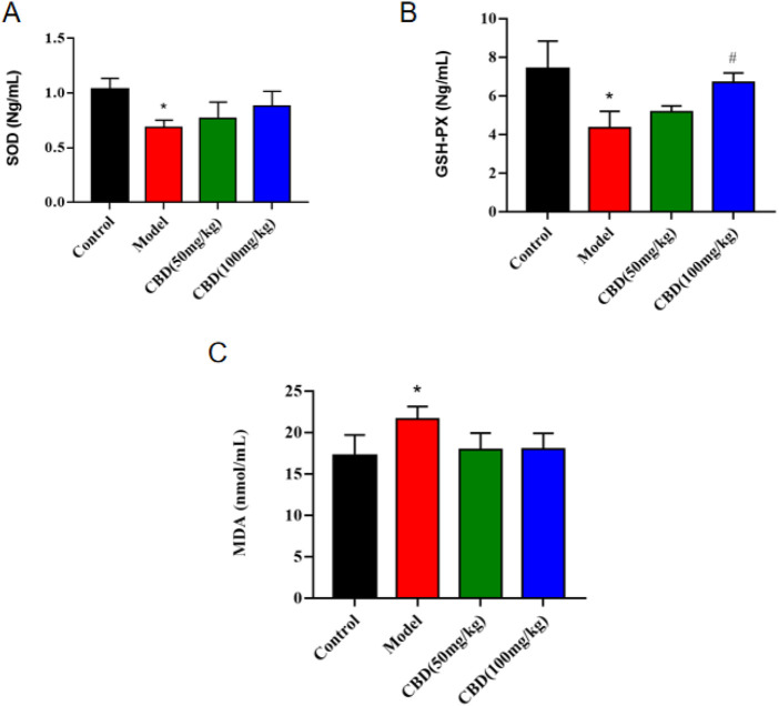 Effect of CBD on SOD, GSH-PX and MDA in experimental rats. (A) SOD (n = 6, one-way ANOVA). (B) GSH-PX (n = 6, one-way ANOVA). (C) MDA (n = 6, one-way ANOVA). All date are expressed as mean ± S.D. *p < 0.05 compared with the control group. # p < 0.05 compared with the model group.