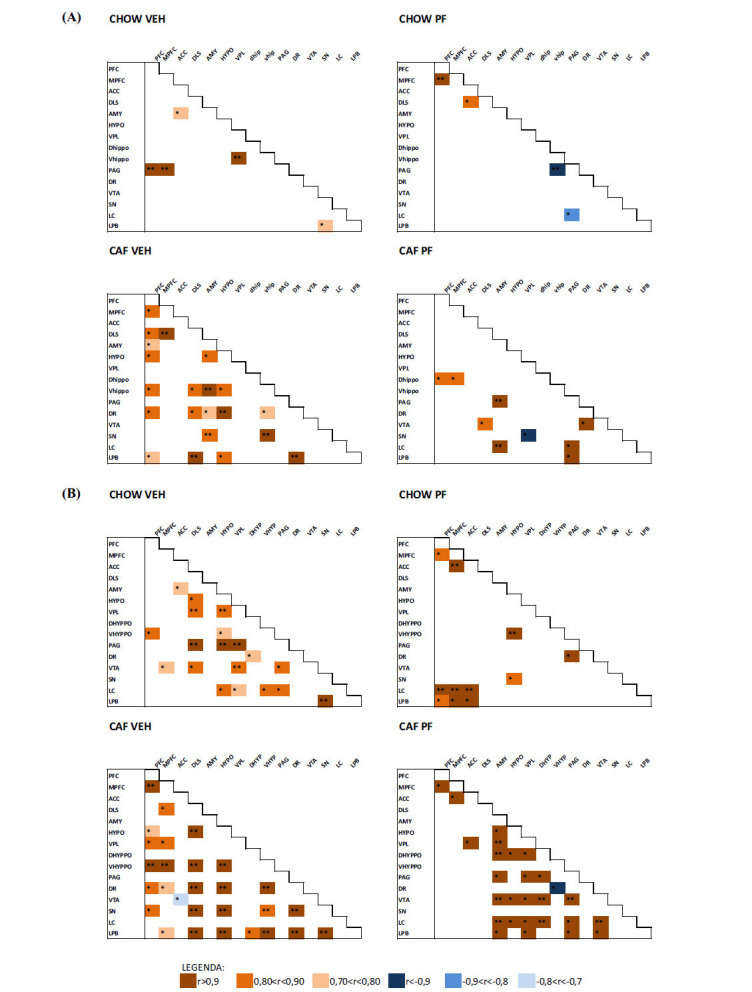 (A) Pearson’s correlative analysis of DA concentrations among the different brain areas in each experimental group. (B) Pearson’s correlative analysis of 5HT concentrations among the different brain areas in each experimental group. Only significant correlations are shown (*p < 0.05; **p < 0.01).