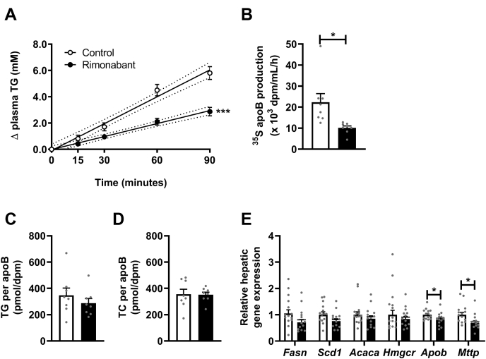 Rimonabant lowers hepatic VLDL-triglyceride (TG) and VLDL-ApoB production. Female APOE∗3-Leiden.CETP mice were fed a Western-type diet with or without rimonabant for 4 weeks. Mice received intravenous injection with Tran[35S] label followed by Triton WR1339, and TG levels were determined in plasma samples drawn at the indicated time points, which were (A) plotted as the increase in TG to baseline, from which VLDL-TG production rate was determined by linear regression. By measuring 35S in isolated VLDL (B), ApoB production rate was determined. C, D: VLDL lipid content was assessed and expressed as a ratio of ApoB. In 20-week treated mice, liver samples were collected to assess (E) relative mRNA expression levels of lipogenic (Fasn, Scd1, and Acaca) and cholesterogenic (Hmgcr) genes, as well as genes involved in VLDL assembly (Apob and Mttp). Data are presented as mean ± SEM and individual data points. ∗P < 0.05 and ∗∗∗P < 0.001. Acaca, acetyl-CoA carboxylase 1; Fasn, fatty acid synthase; Hmgcr, HMG-CoA reductase; Mttp, microsomal triglyceride transfer protein; Scd1, stearoyl-CoA desaturase 1; TC, total cholesterol.