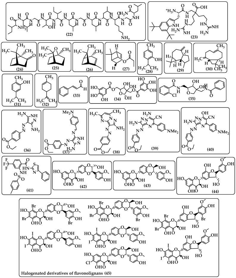 Chemical structure of protonectin (22), Tbt-β2,2 h bis-Arg-OMe compound (23) camphor (24), 1,8-cineole (25) alpha-pinene (26), trans-chrysanthenyl acetate (27), thymol (28), aromadendrene (29), and β-caryophyllene (30), carvacrol (31), limonene (32), cinnamaldehyde (33), Hamamelitannin (34), (N-(((2R,3R,4S)-4-(benzamidomethyl)-3,4-dihydroxytetrahydrofuran-2-yl)methyl)-2-chlorobenzamide) (35), (ethyl 4-((3,5-diamino-1H-pyrazol-4-yl)diazenyl)benzoate (36), ethyl 4-((5-amino-3-((4-(dimethylamino)benzylidene)amino)-1H-pyrazol-4-yl)diazenyl)benzoate (37), ethyl-4-((2-amino-5,7-dimethylpyrazolo [1,5-a]pyrimidin-3-yl)diazenyl)benzoate (38), ethyl-4-((2,7-diamino-6-cyano-5-(4-(dimethylamino)phenyl)pyrazolo [1,5-a]pyrimidin-3-yl)diazenyl)benzoate (39), and ethyl-4-((2-amino-6-cyano-5-(4-(dimethylamino)phenyl)-7-hydroxypyrazolo [1,5-a]pyrimidin-3-yl)diazenyl)benzoate) (40), ML364 (41), silybins AB (42, 43), silychristin A (44), and halogenated flavonolignans derivatives (45).
