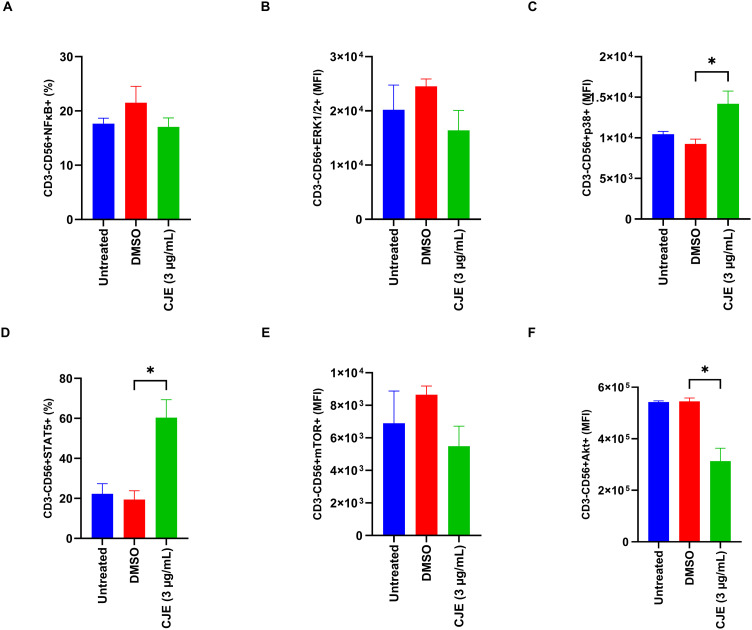 CJE modulates intracellular signaling pathways in NK cells.PBMCs were either untreated or exposed to 3 µg/mL of CJE, then stained with FITC-conjugated anti-CD3 and PE-conjugated anti-CD56 antibodies, along with AlexaFluor-647-conjugated antibodies targeting phosphorylated forms of (A) NF-κB, (B) ERK1/2, (C) p38, (D) STAT5, (E) mTOR, and (F) AKT1. Phosphorylation levels were assessed by flow cytometry. Data are presented as mean ± SEM. *p < 0.05; n = 4 independent experiments. DMSO: dimethyl sulfoxide; CJE: cannabis joint extract.