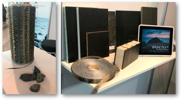 Various basalt products (fibers, rocks, laminates) from Basaltex displayed at Composites Europe, Stuttgart, Germany 2019 (photo by authors at the event).